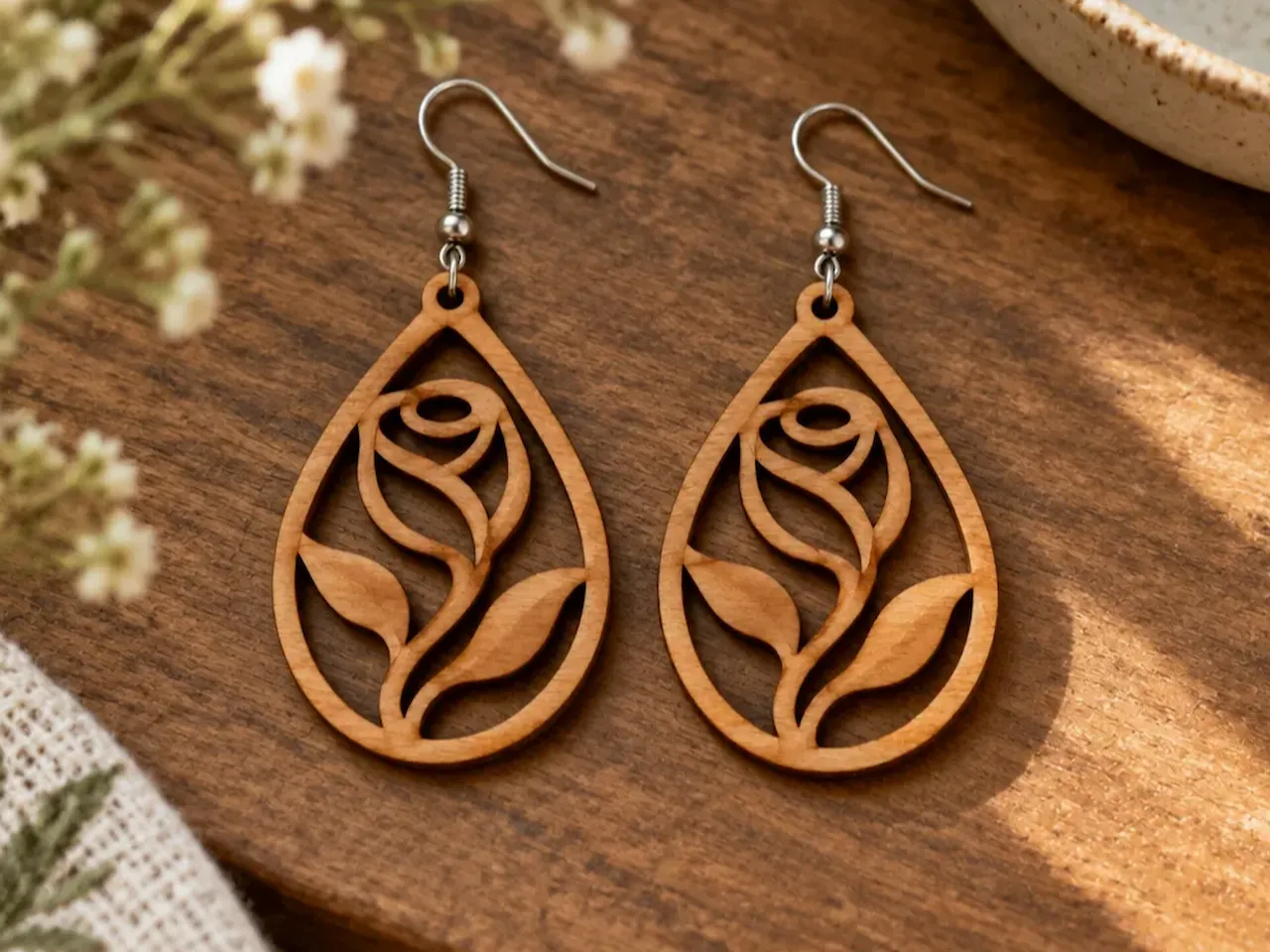 [Laser cut and engrave] Teardrop Rose Flower Wooden Dangle Earrings