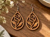 [Laser cut and engrave] Teardrop Rose Flower Wooden Dangle Earrings