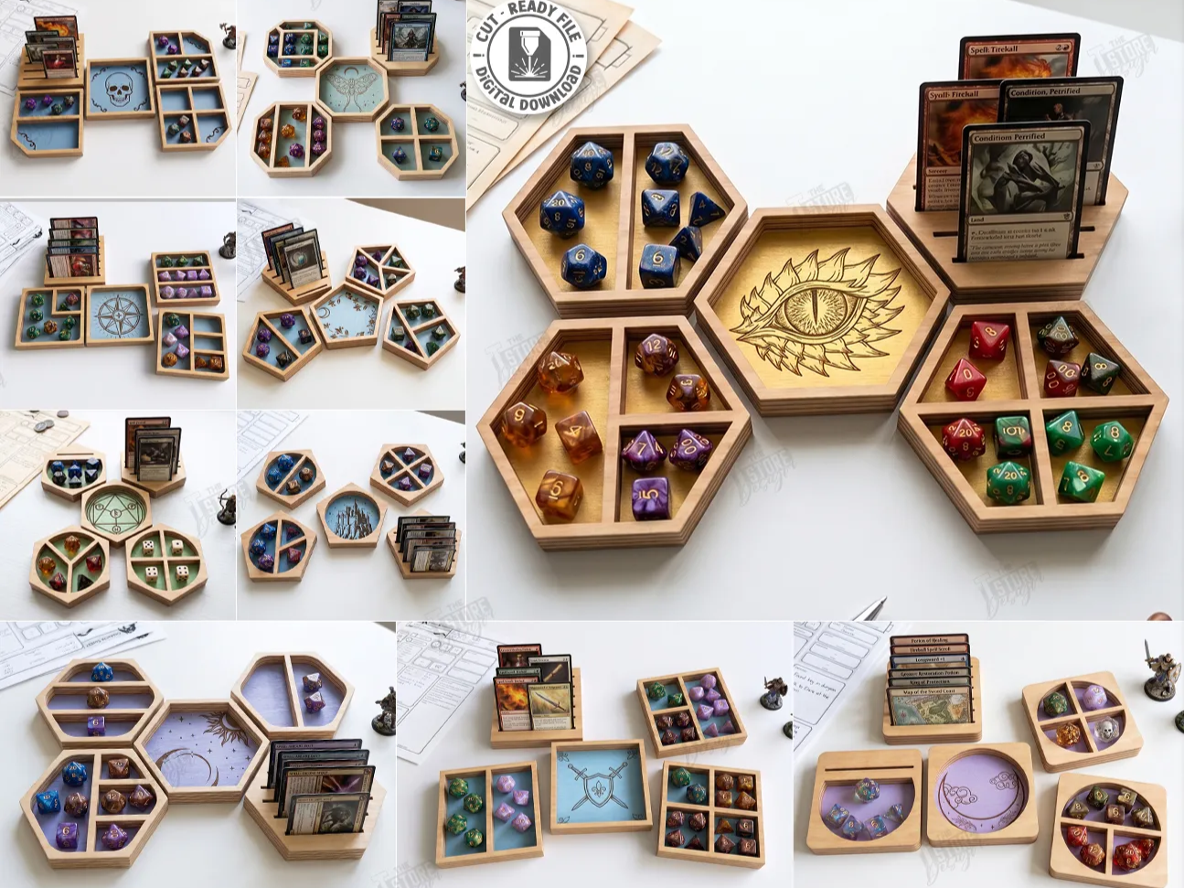 Modular Hexagonal Tabletop Gaming Dice Tray and Card Holder Organizer Laser Cut Bundle. Board Games