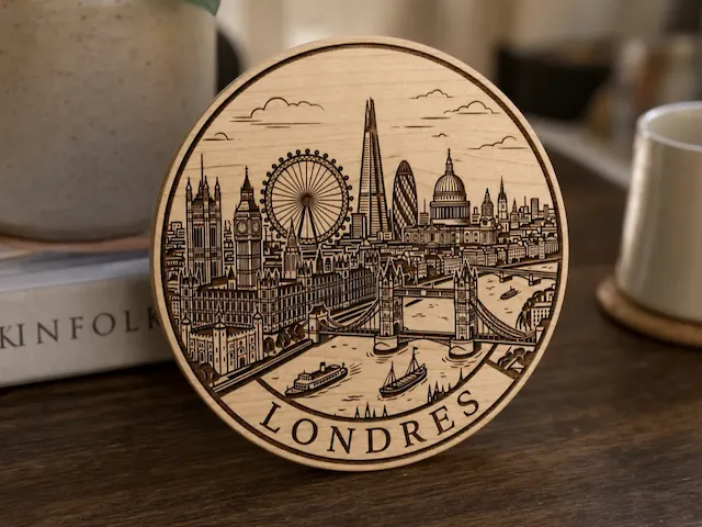 Sous-verre rond en bois avec illustration du panorama de Londres