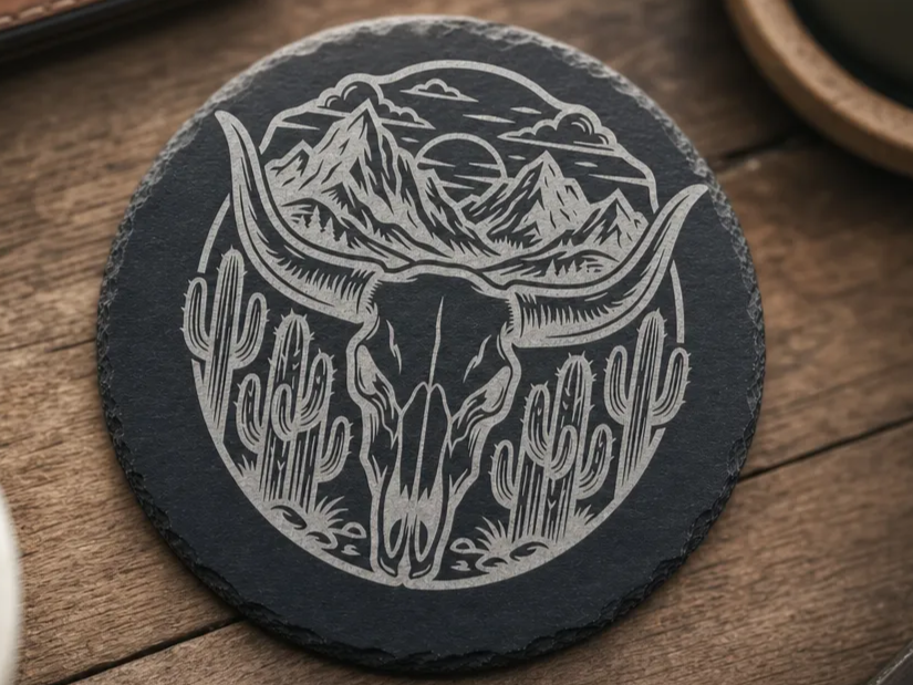 Round Slate Coaster Featuring Western Bull Skull and Desert Mountain Landscape