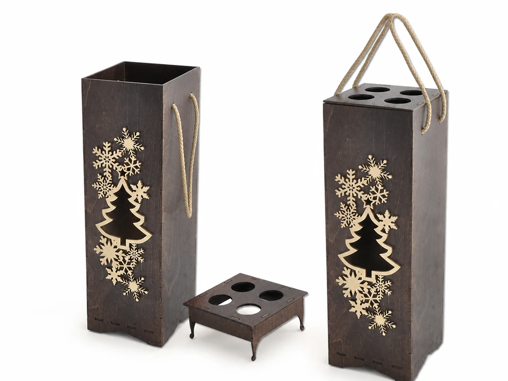 Christmas Tree and Snowflake Pattern Wooden Wine Bottle Carrier Box