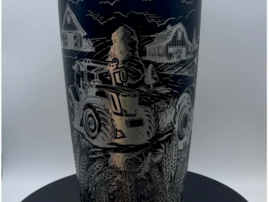 Stainless Steel Tumbler Featuring Farm Tractor and Barn Countryside Scene