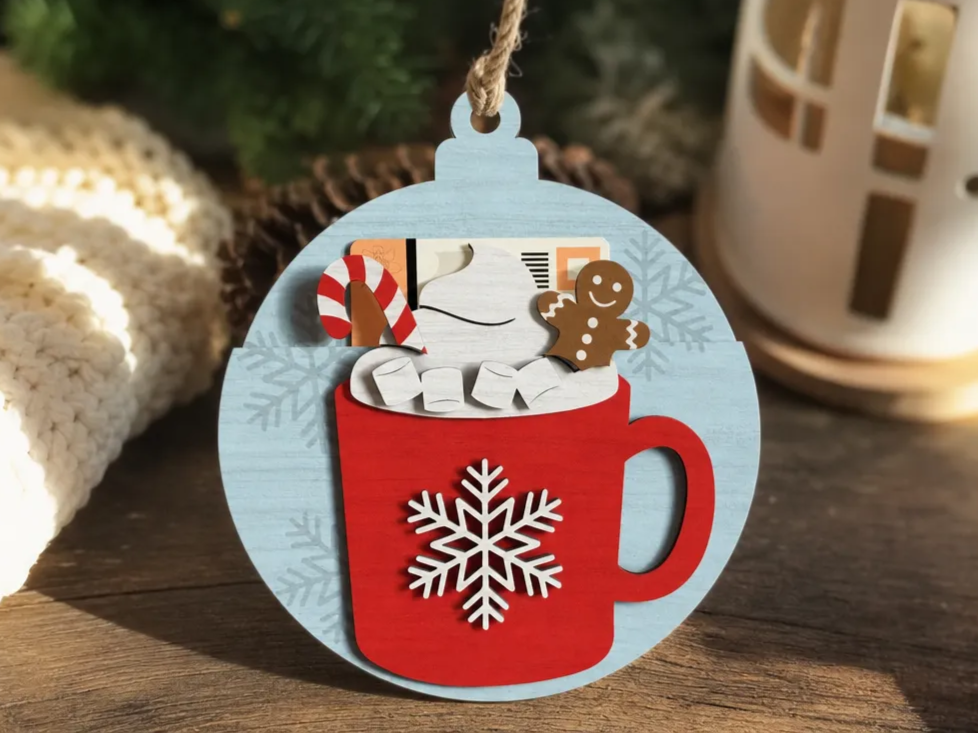 Hot Cocoa Mug Christmas Ornament with Gingerbread Man and Candy Cane