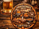 [Laser cut and engrave] Smoke and Ember BBQ Co Round Metal Sign with Smoker and Brisket Illustration