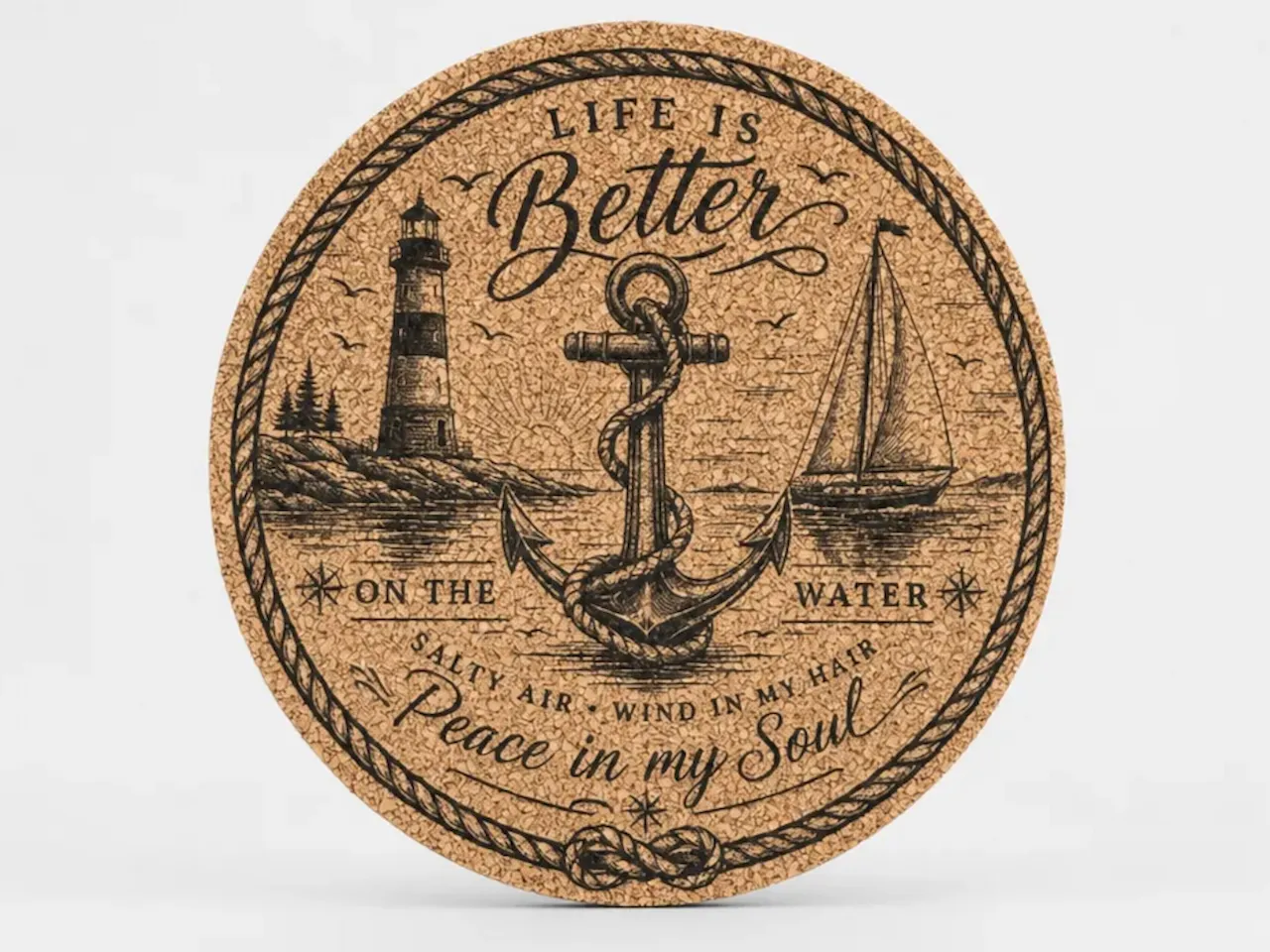 [Laser cut and engrave] Nautical Themed Cork Coaster with Lighthouse and Anchor Illustration