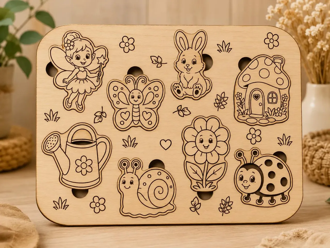 [Laser cut and engrave] Fairy Garden Montessori-Inspired Wooden Puzzle | 8 Piece Name Learning Puzzle