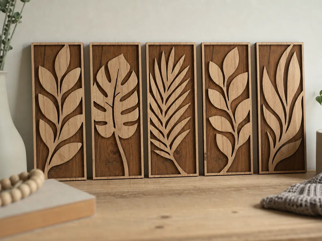 Set of Five Botanical Leaf Wall Art Panels
