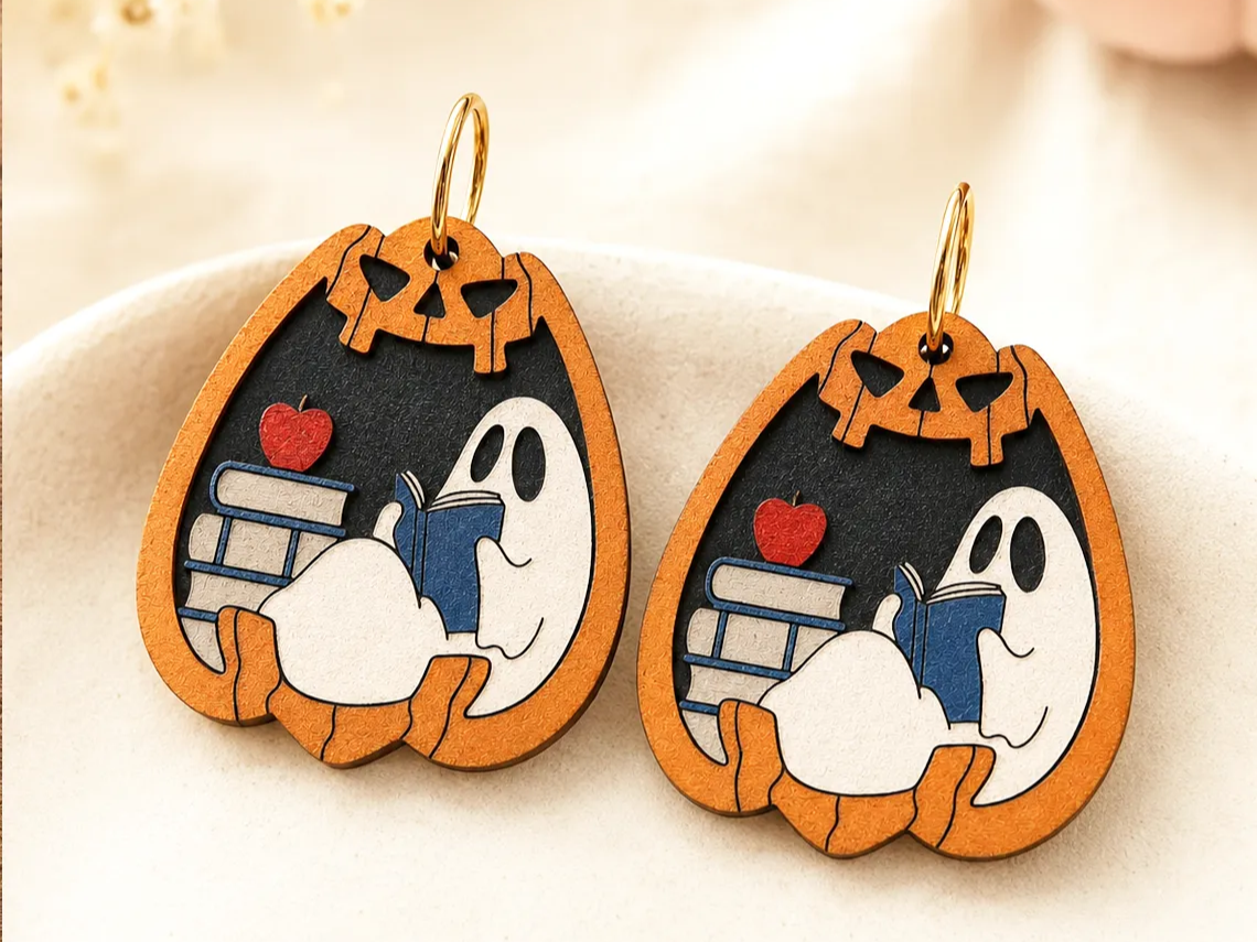 Ghost Reading Book Pumpkin Halloween Earrings