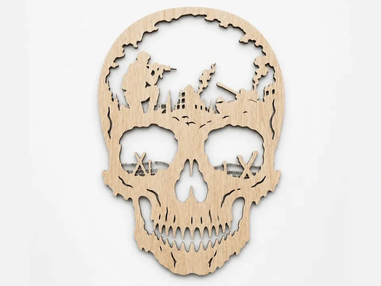 [Laser cut and engrave] Skull Wall Art Featuring Military Soldier and Battlefield Silhouette