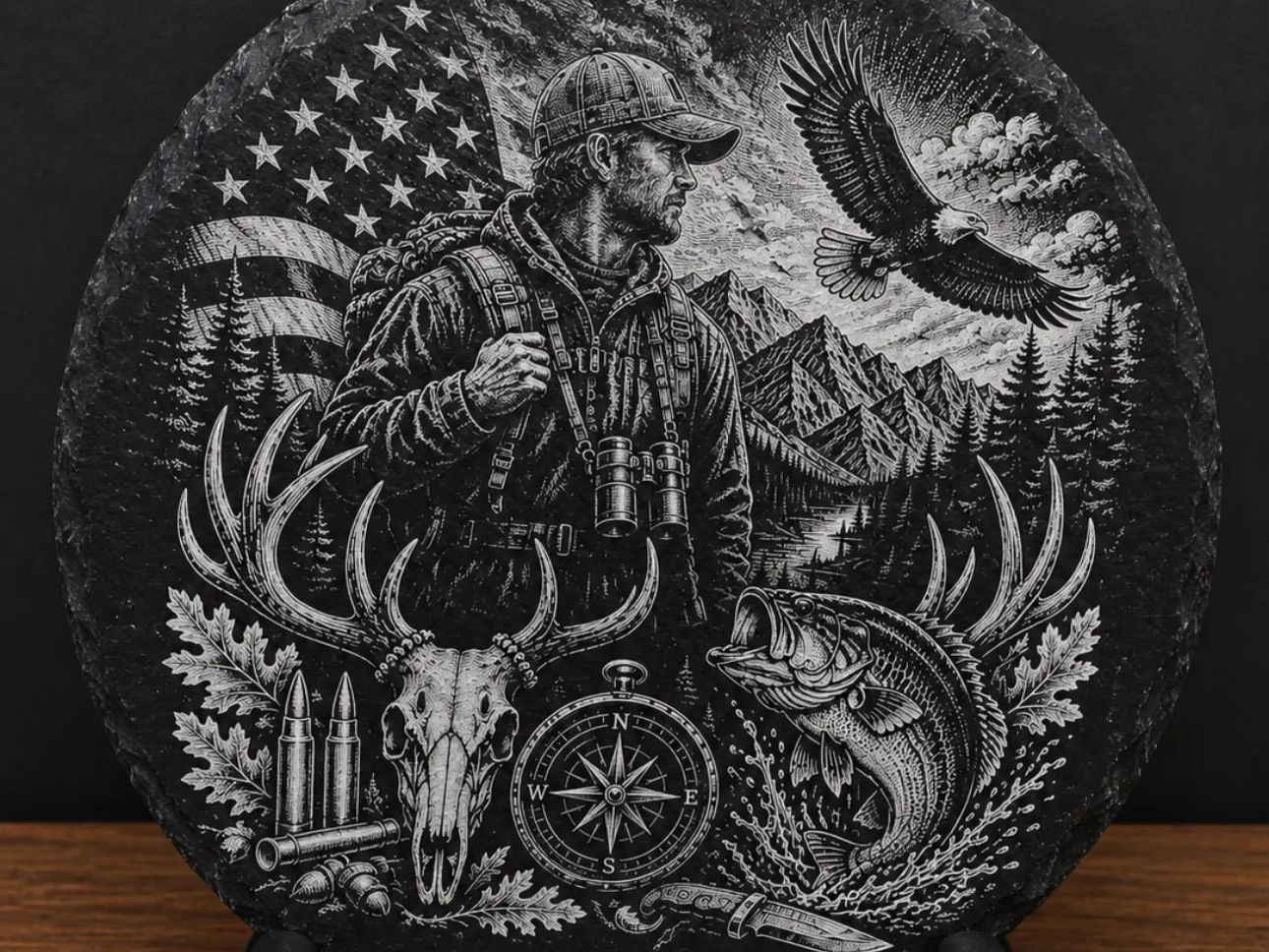Round Slate Plaque Featuring Outdoorsman Hunter and Angler Imagery