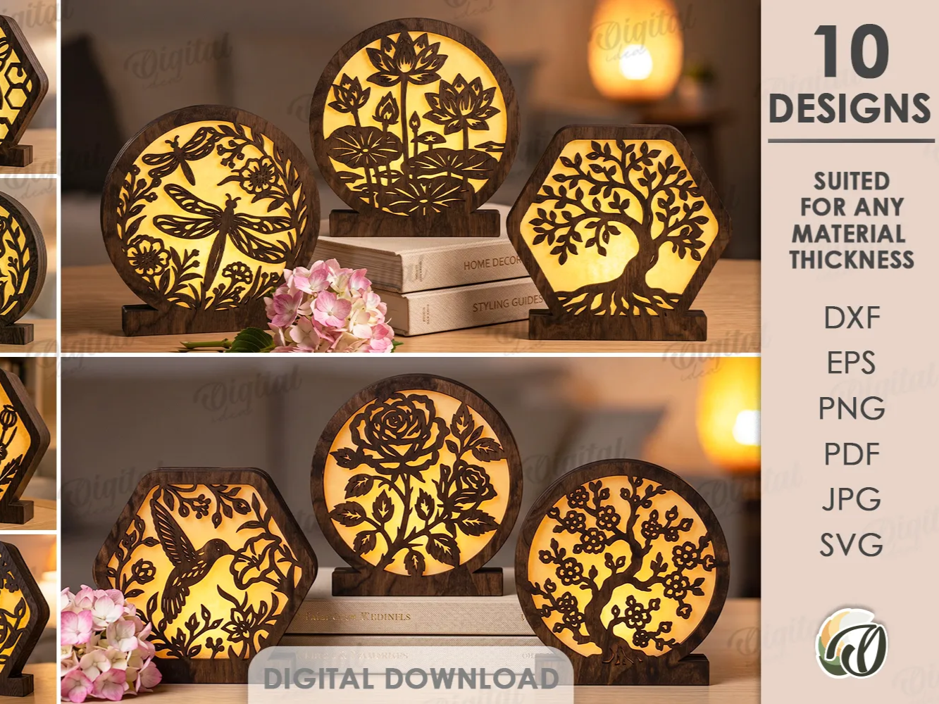 3D Decorative Lamps Bundle. Laser Cut Lantern. Elegant Wooden Nature Scene Light box. LED Light. Floral SVG. Butterfly. Bee. Hummingbird