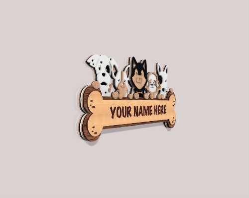 [Laser cut and engrave] Personalized Dog Bone Name Sign with Cute Puppy Faces