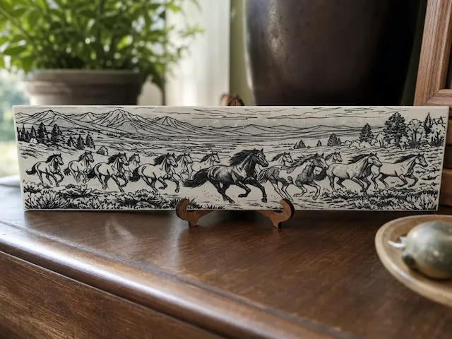 Ceramic Tile Featuring a Herd of Wild Horses Running Through a Mountain Landscape
