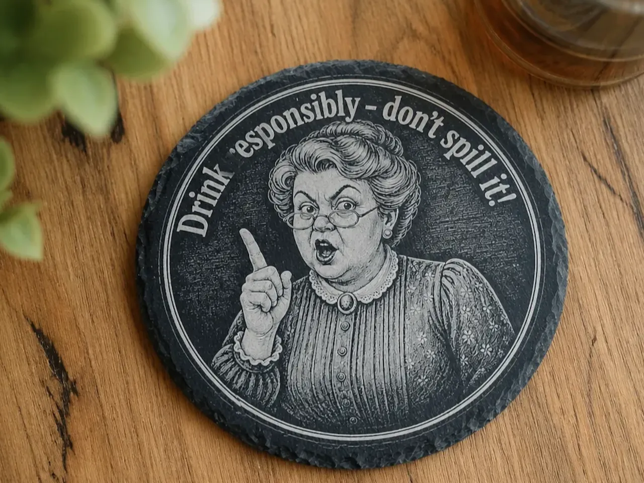 [Laser cut and engrave] Slate Coaster Featuring Funny Grandmother Illustration with Drink Responsibly Quote