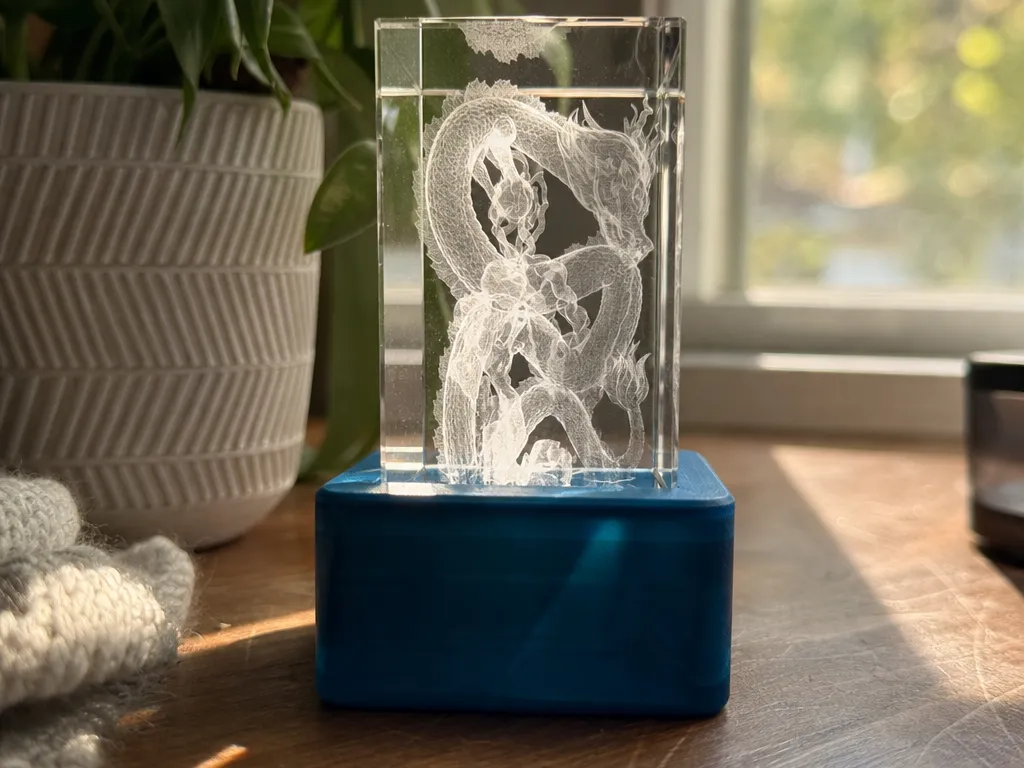 Crystal block featuring an intricate sky dragon sculpture