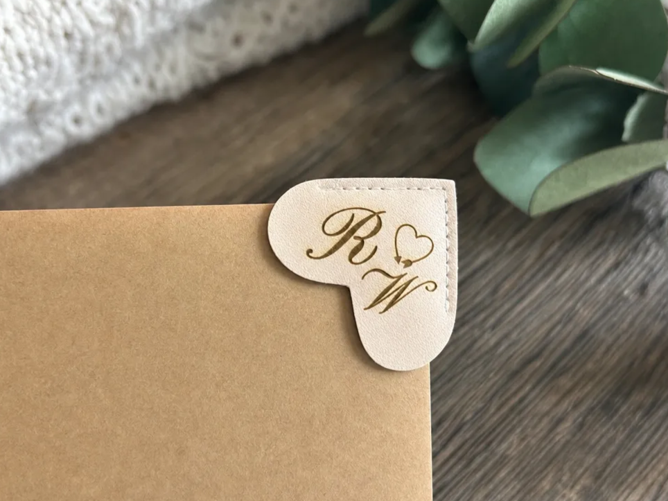 Heart Shaped Leather Corner Bookmark with Monogram