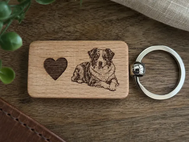 Wooden Keychain with Australian Shepherd Dog and Heart Motif