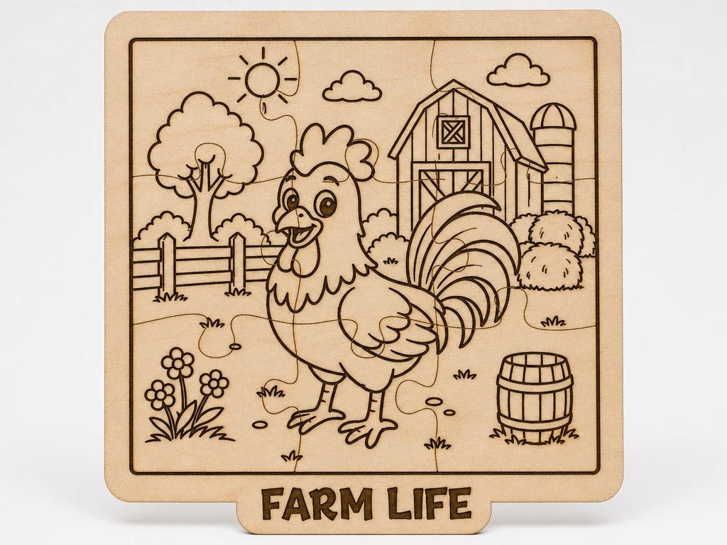 Farm Rooster Kids Puzzle | Wooden Laser Cut SVG Design | Farm Life Coloring Puzzle | Montessori Learning Toy | CNC Craft File