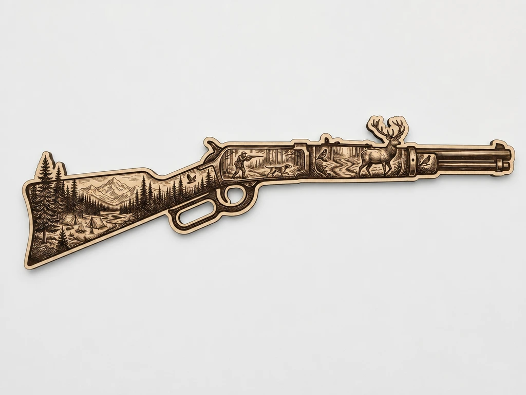 Rifle Shaped Wall Art Featuring Mountain Forest and Wildlife Scene - winchester