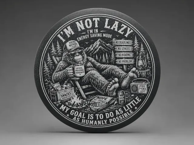 I'm Not Lazy Bigfoot Round Wall Sign with Funny Procrastination Quote