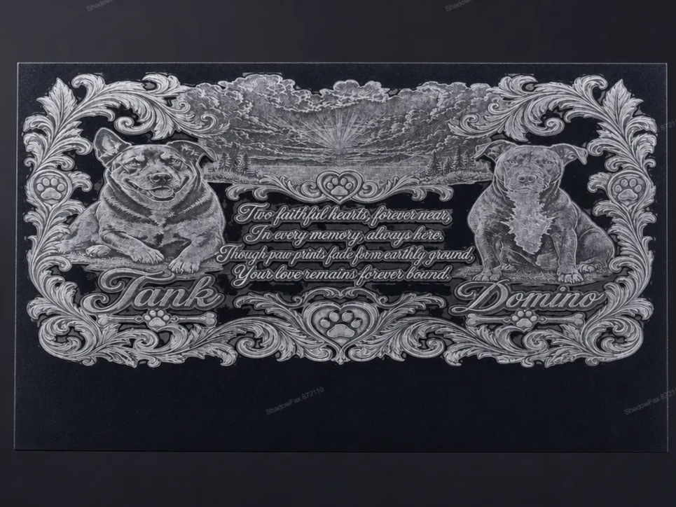 Tank & Domino — Custom Engraved Pet Memorial Slate laser engraved pet portrait idea