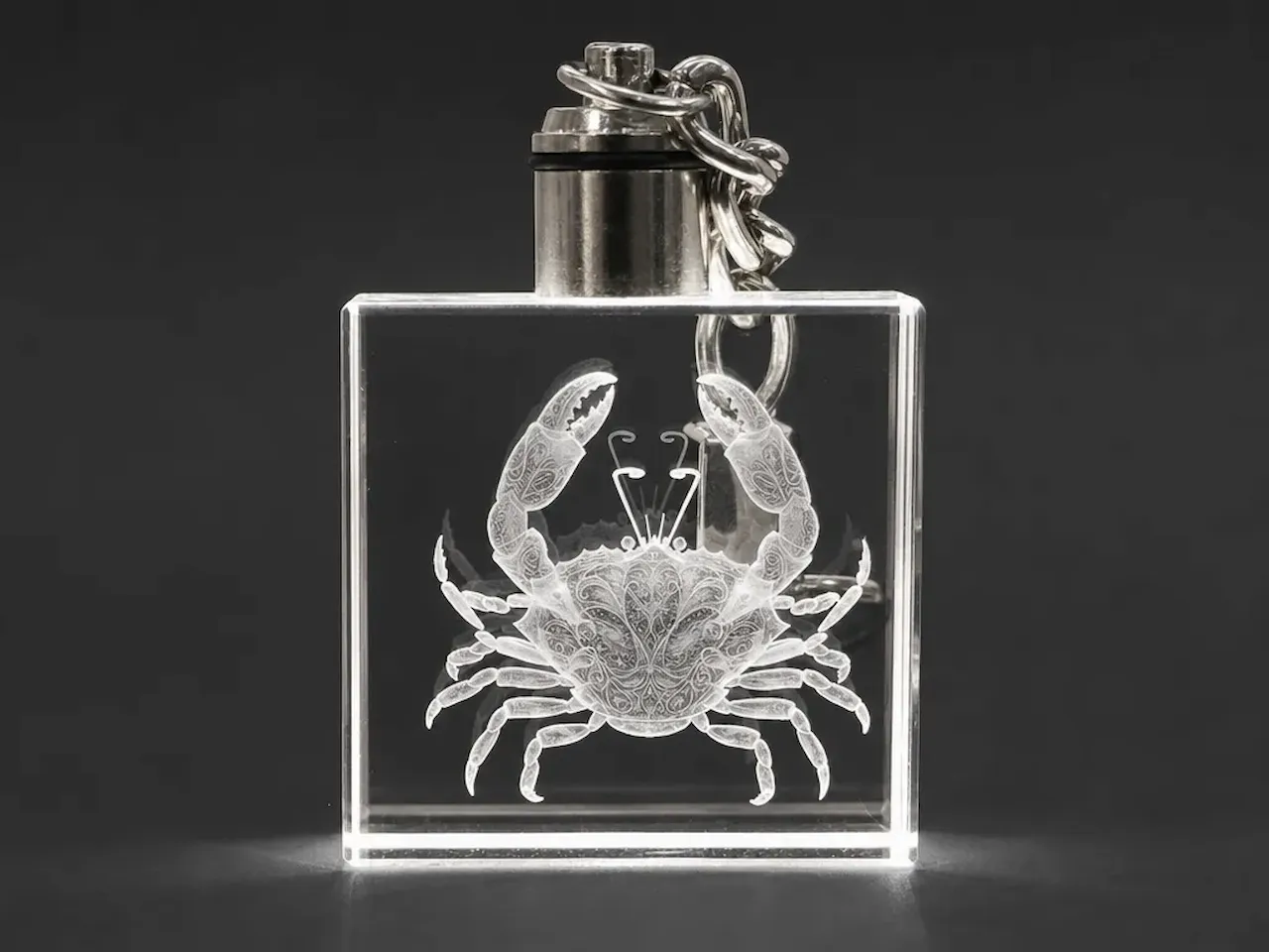 [Laser cut and engrave] Schlüsselanhänger aus Glas mit detailliertem Krabbenmotiv