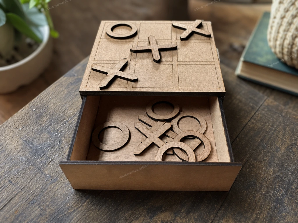Wooden Tic Tac Toe Game Board with Storage Drawer
