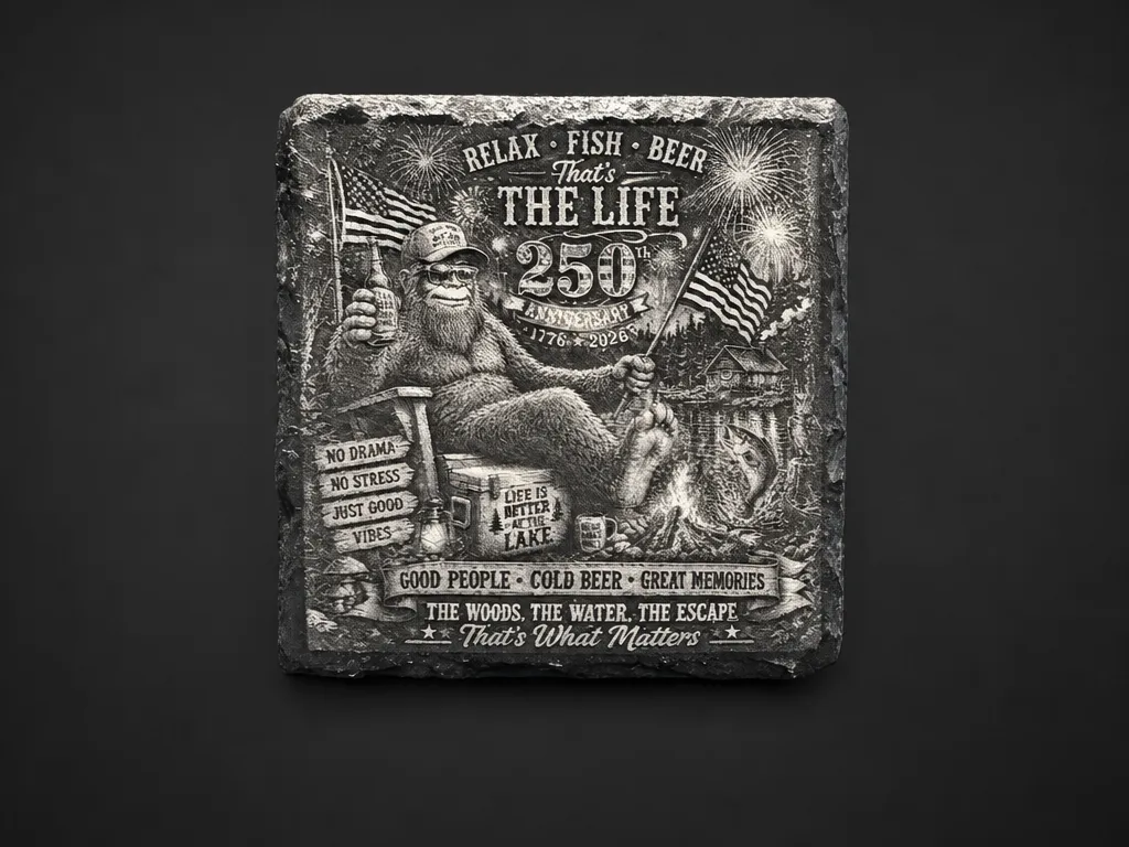 Bigfoot Fishing Themed Slate Coaster with Independence Day 250th Anniversary July 4th Design
