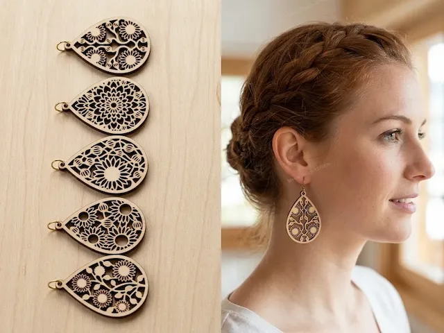 Teardrop Floral Pattern Wooden Dangle Earrings