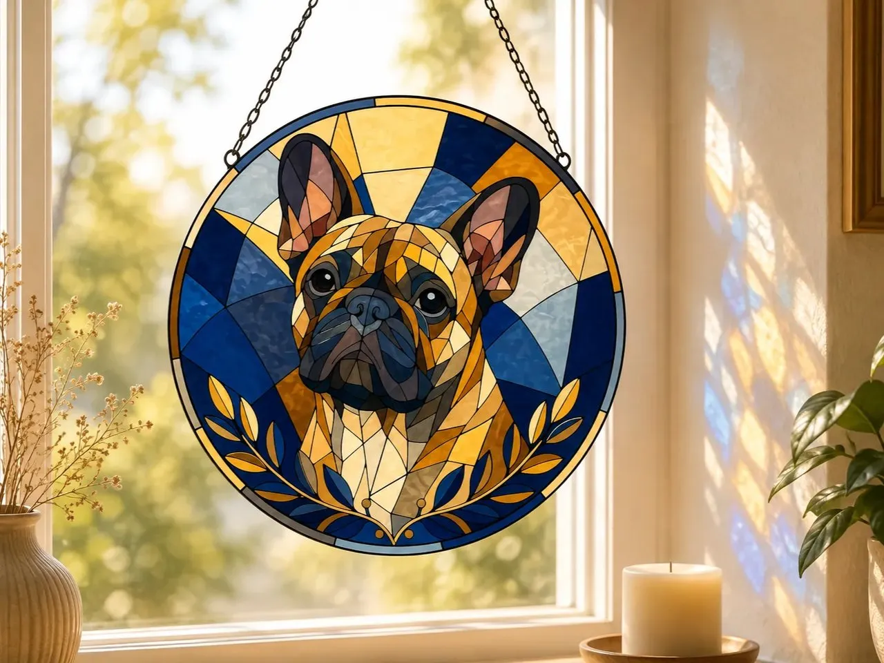 [UV printing] Attrape-soleil rond en vitrail représentant un bouledogue français