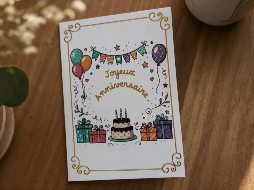 Carte de vœux Joyeux Anniversaire avec emplacement carte cadeau avec gâteau et ballons imprimée, découpée avec foil