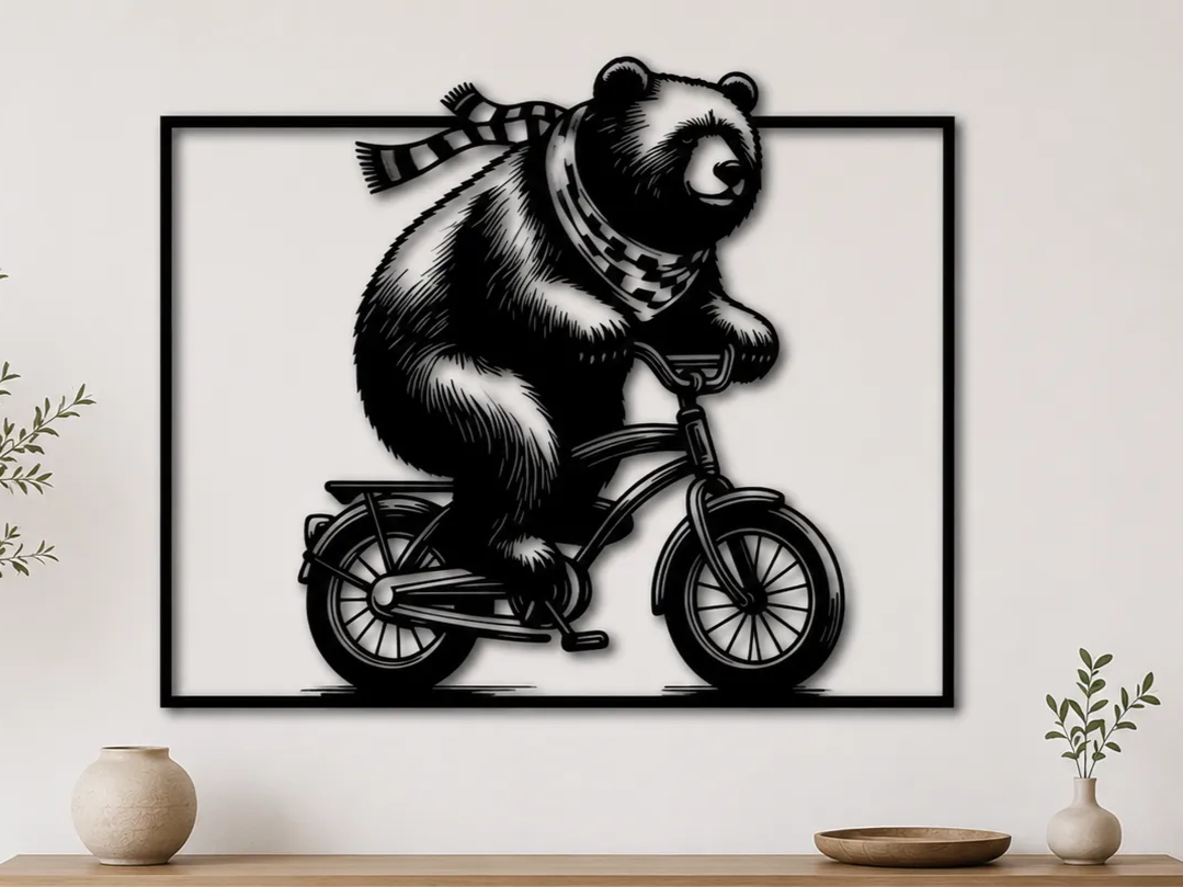 Funny Bear on Bicycle SVG | Cute Panda Bike Wall Art | Animal Bicycle Decor | Laser Cut SVG | Digital Download
