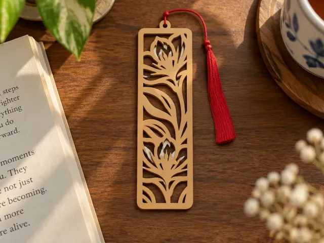 Floral Cutout Wooden Bookmark with Red Tassel