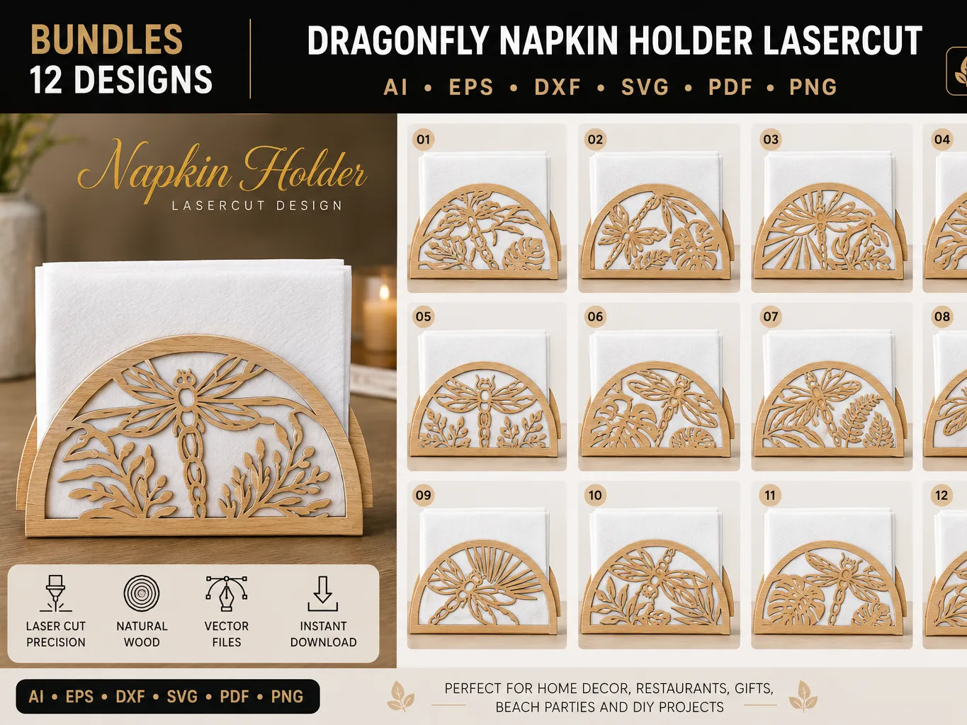 Dragonfly Napkin Holder with Botanical Leaf Patterns