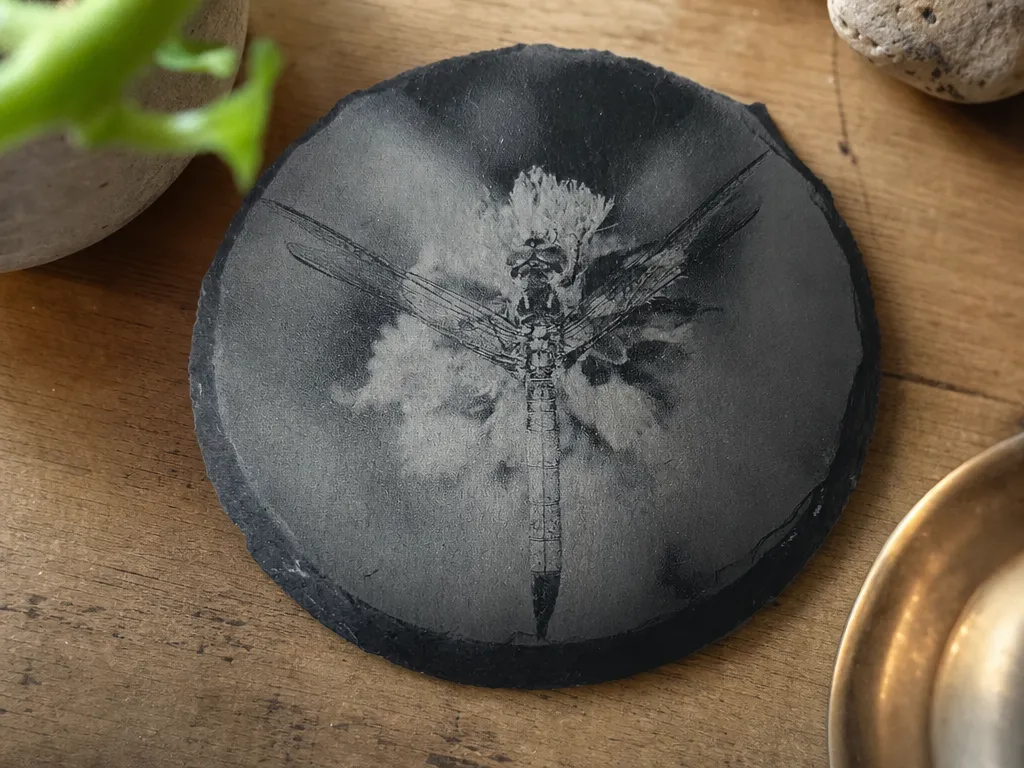 Round slate coaster featuring a detailed dragonfly motif