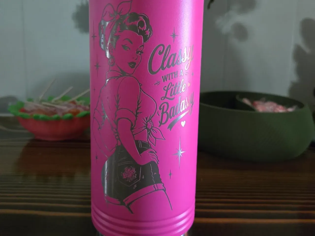 [Laser cut and engrave] Pink Insulated Tumbler with Pin-Up Girl Graphic and Classy Badass Quote