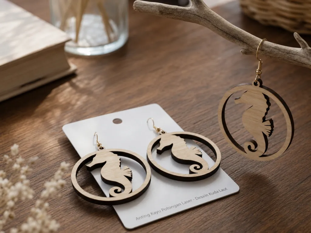 Seahorse Silhouette Circular Wooden Drop Earrings