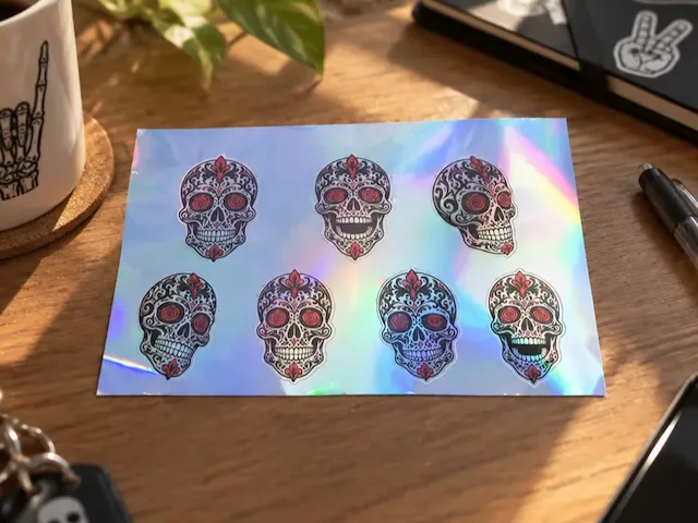Hoja de pegatinas holográficas con diseño de calaveras estilo catrina