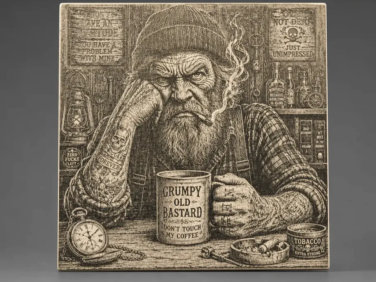 [Laser cut and engrave] Grumpy Old Bastard Coffee Mug Illustration Wall Art Coaster Wood Engraving