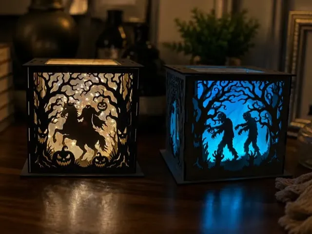 3D Multilayer Halloween themed light box with headless horseman, witch, haunted mansion and zombie silhouettes