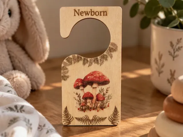 Newborn Wooden Closet Divider with Mushroom and Fern Illustration