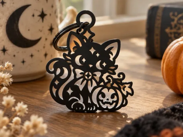 Black Cat and Pumpkin Halloween Keychain