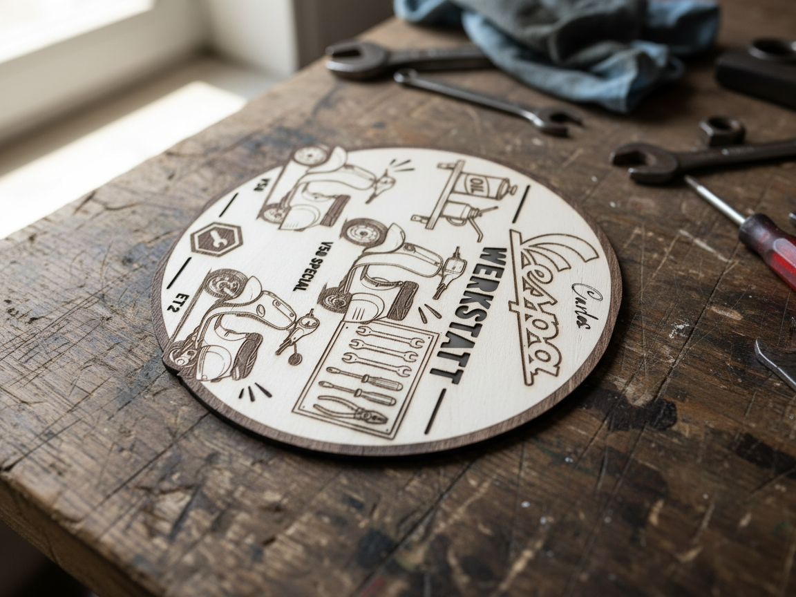 Rundes Vespa Werkstatt Wandbild aus Holz
