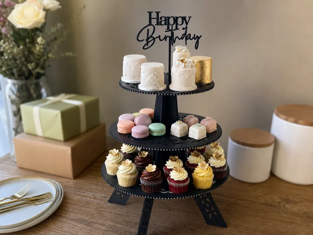 Présentoir à gâteaux à trois étages avec décoration Happy Birthday