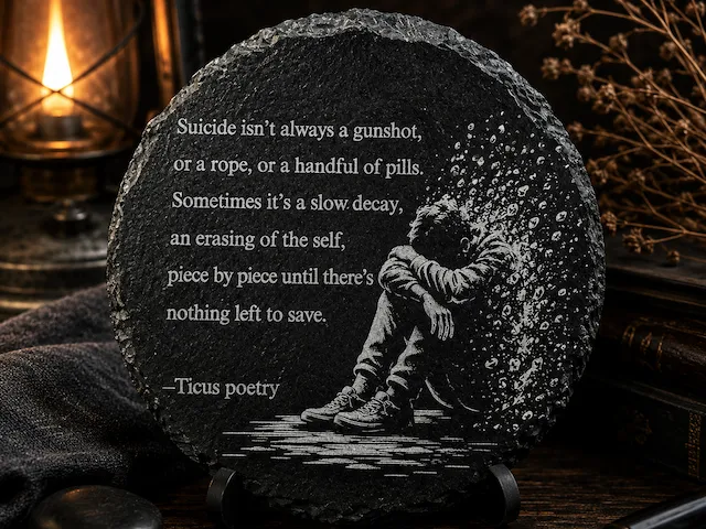 “Erasing of the Self” — Ticus Poetry Laser Engraved Black Slate Coaster