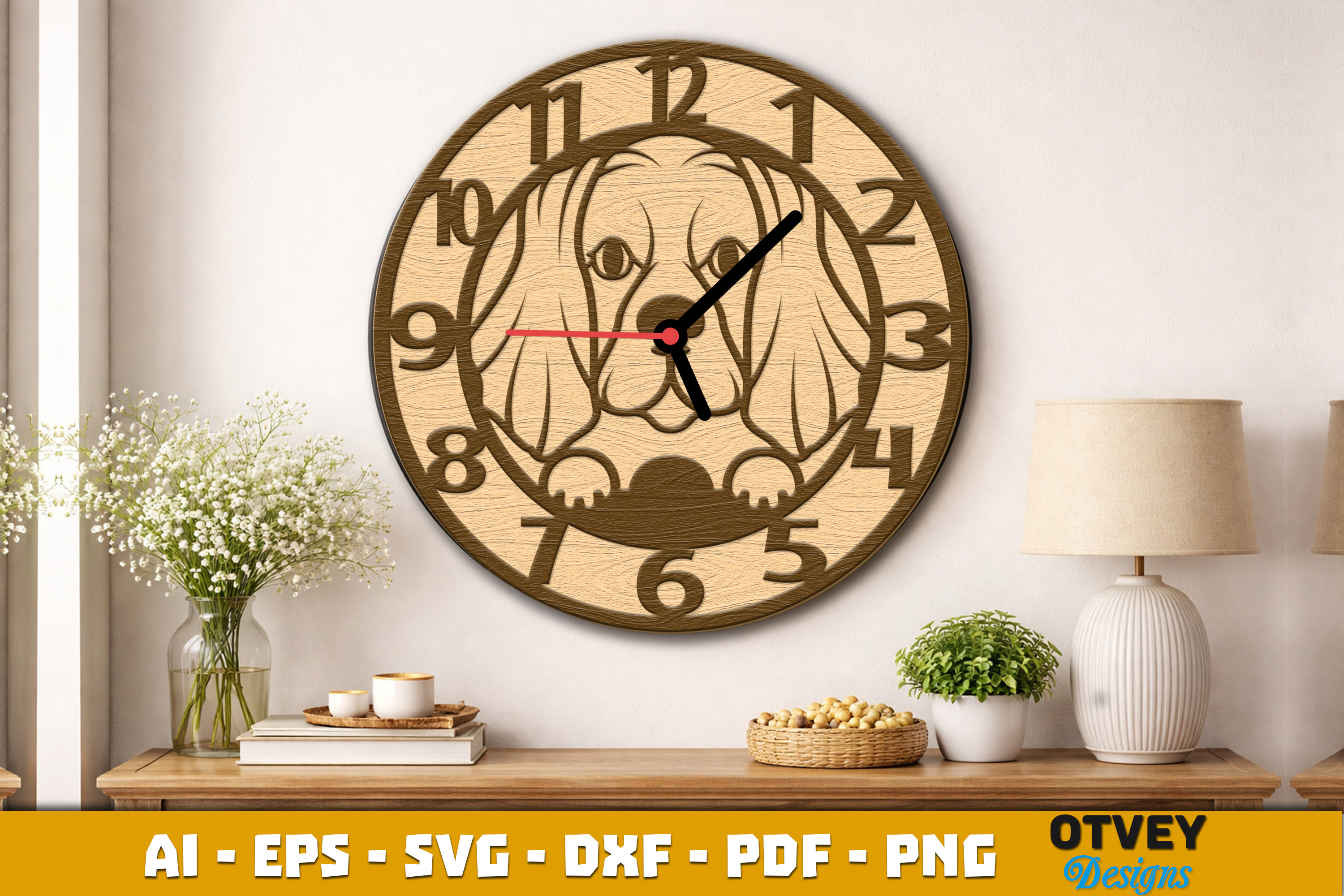 [Laser cut and engrave] Wooden Dog Wall Clock Lasercut 12 Designs