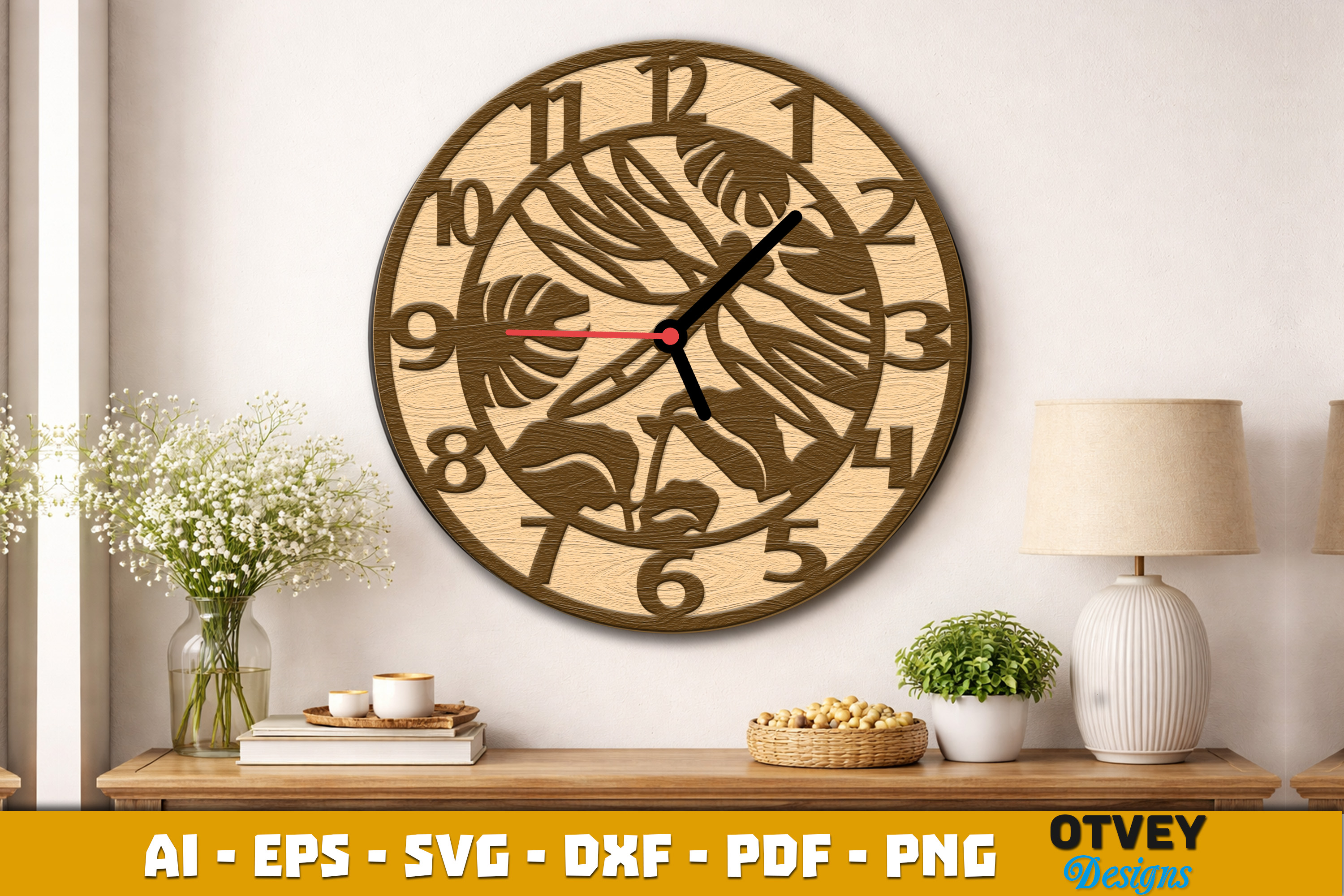 [Laser cut and engrave] Dragonfly Themed Round Wall Clock with Tropical Leaf Patterns