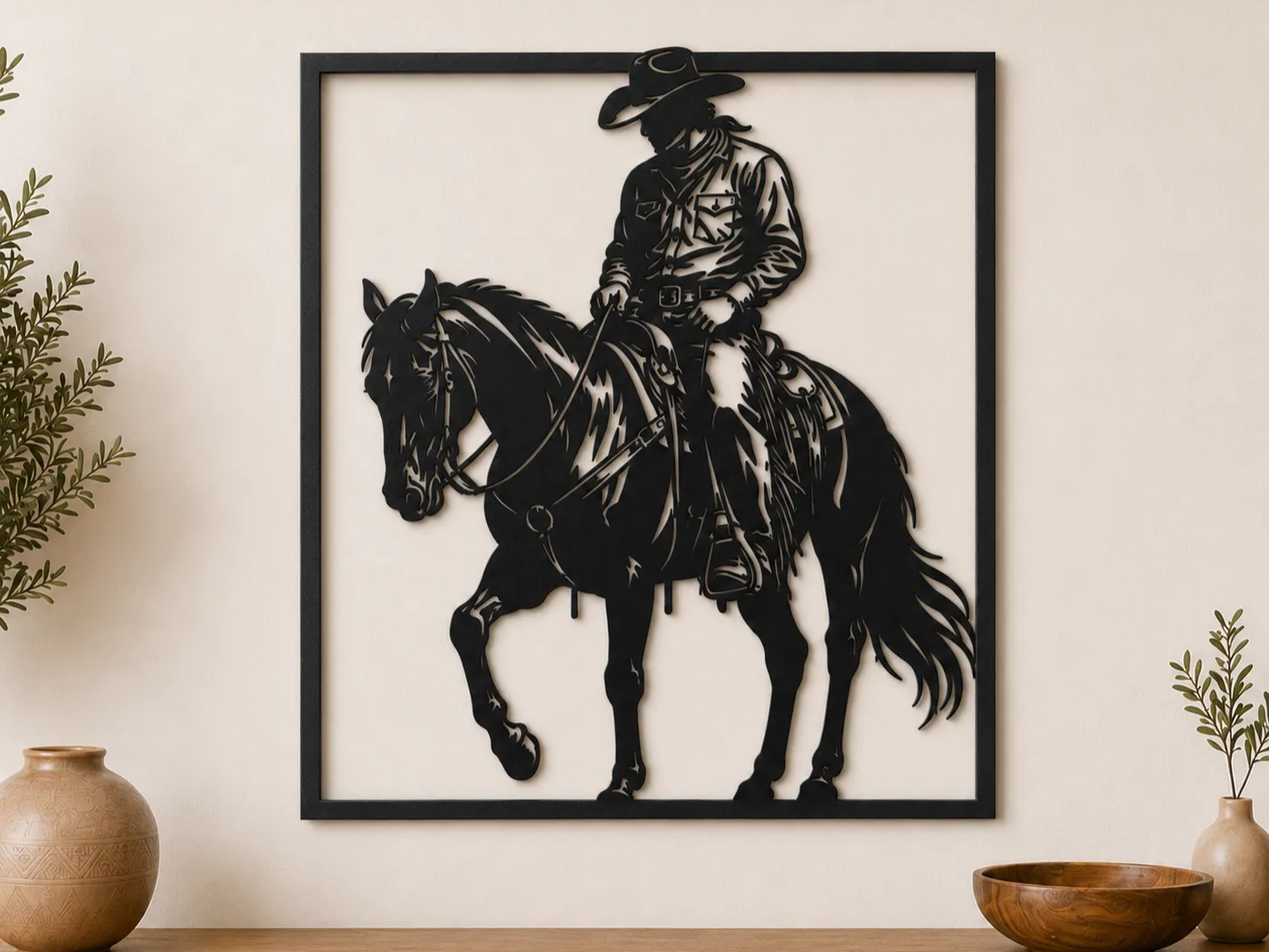 Cowboy on Horse Wall Art SVG | Western Horseback Rider Silhouette | Ranch Decor Laser Cut File Digital Download