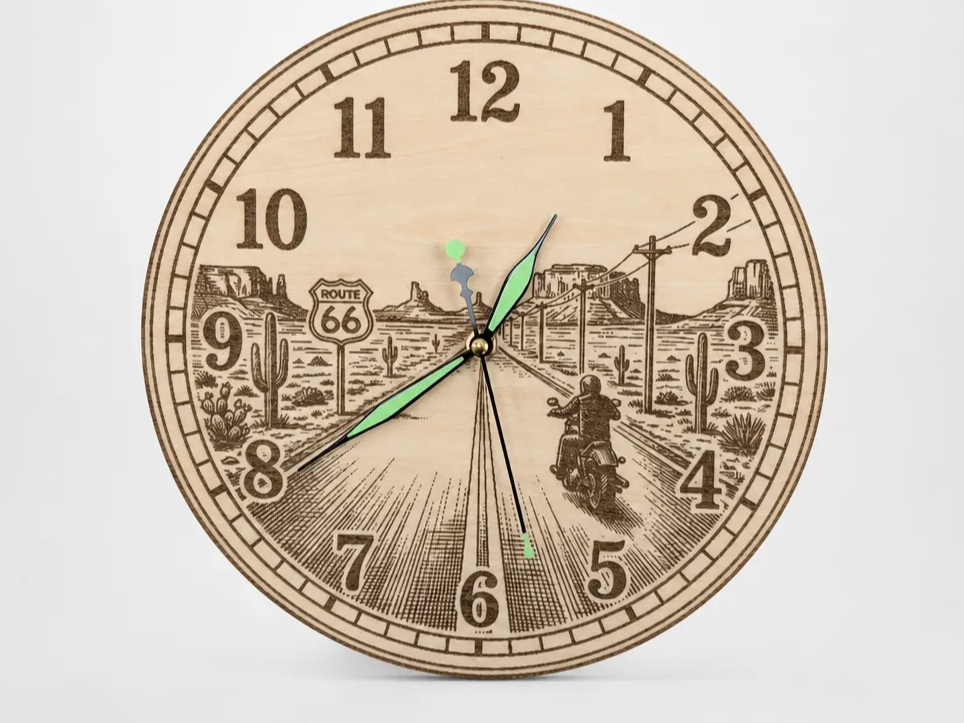 Horloge murale en bois avec paysage de désert et moto sur la Route 66